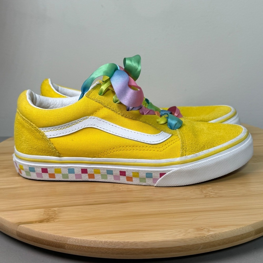 Vans Old Skool Kids 3.0 Yellow Trendy Rainbow Ribbon Checkerboard Sneaker Skater